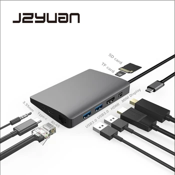 

JZYuan USB C Laptop Docking Station For Macbook Pro USB C to HDMI Mini DP 4K RJ45 Gigabit LAN USB 3.0 Type C PD For Samsung S9