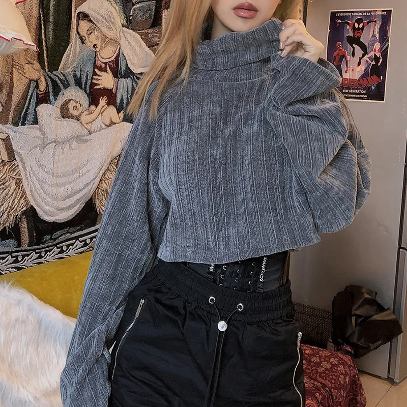 

2019 Autumn Winter Women Christmas Turtleneck Loose Casual Pullover Long Sleeve Harajuku Crop Tops Gray Hoodies Sweatshirts