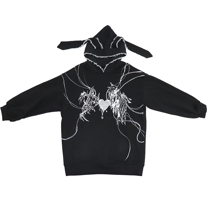 Y2k Harajuku Sweatshirts Gothic Grunge Mechanical Rabbit Ears Hooded Black Hoodie Women Autumn Punk Hoodies Fashion Streetwear | Женская
