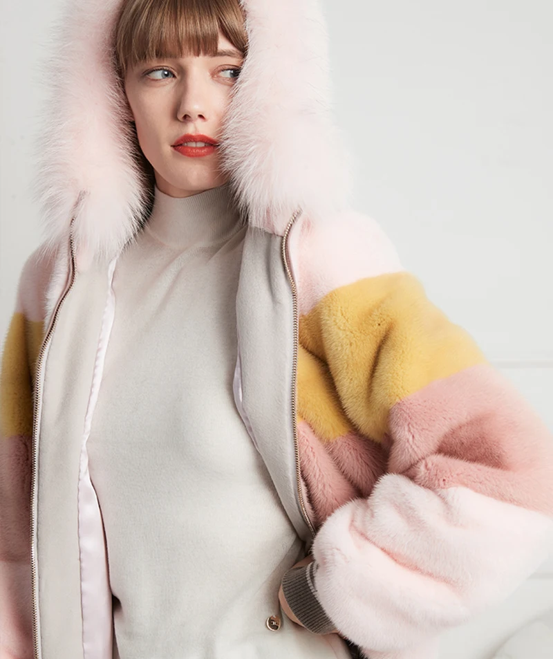 Ftangaiur Winter Import Velvet Mink Coat With Fur Hood Contrast Color Natural Fur Coat Women's Short Real Mink Fur Coats