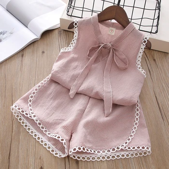 

Kids Clothes New Summer Baby Girls Clothes Sleeveless Top And Pants Lace Design Grid Pattern 2-Piece Children Clothing Suit