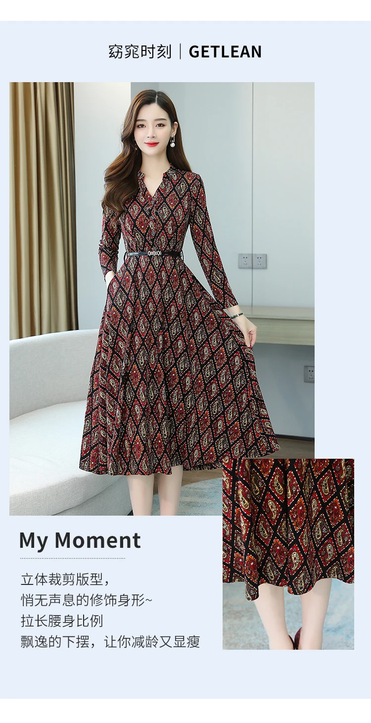 Plus Size Autumn Winter Long Sleeve Dresses 2020 Vintage Print Boho Casual Midi Dress Elegant Women Bodycon Party Maxi Vestidos