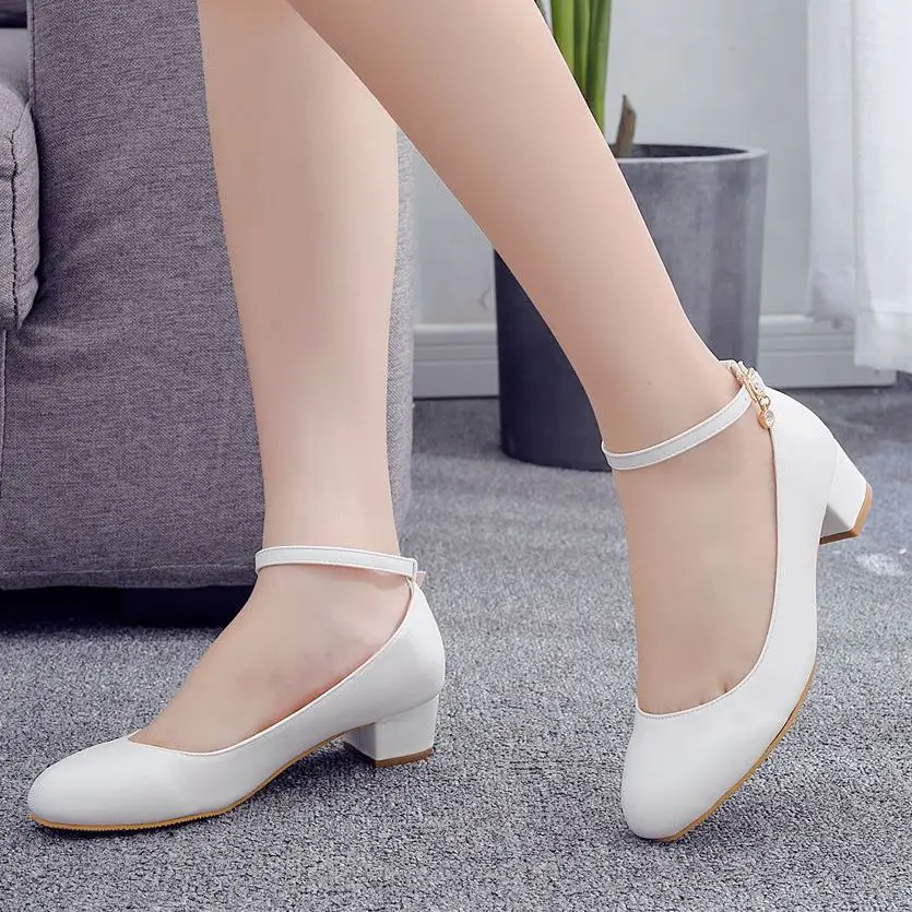 3cm White Wedding Shoes Thick Heel Round Toe Pumps Square Heel