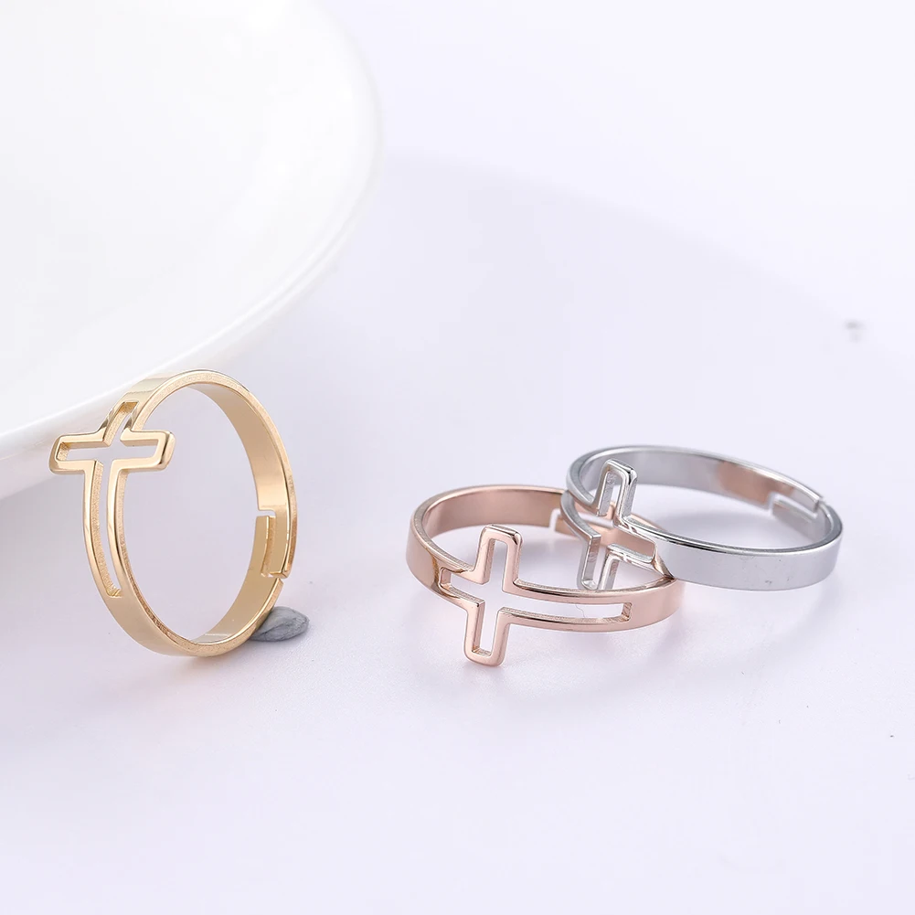 COOLTIME Edelstahl-Kreuzringe für Männer und Frauen, verstellbarer Paar-Fingerring, goldfarben, religiöser Schmuck, 2026, Trend-Geschenk – Detail 5