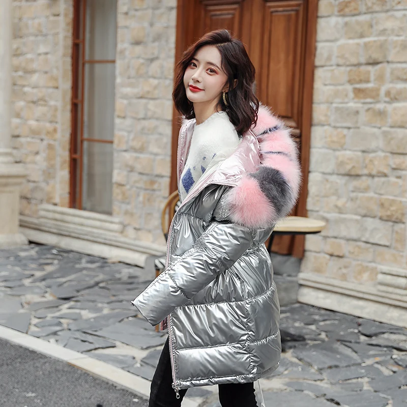 Kopen Bontkraag Zilver vrouwen donsjack vrouwen mid Lengte zilveren donsjack Warme Jas voor Vrouwen Hoge kwaliteit Capuchon Hot