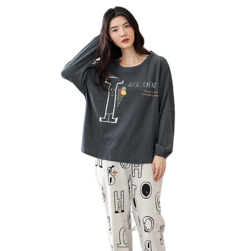 

Autumn style pajamas women pure cotton long-sleeved trousers thin knitted round neck home wear, plus size