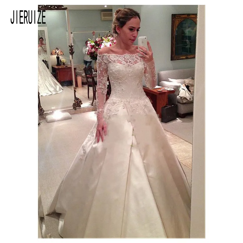 JIERUIZE Vintage Satin Wedding Dresses Boat Neck Illusion Long Sleeves Lace Appliques Beaded Zipper Back Bridal Gowns | Свадьбы и
