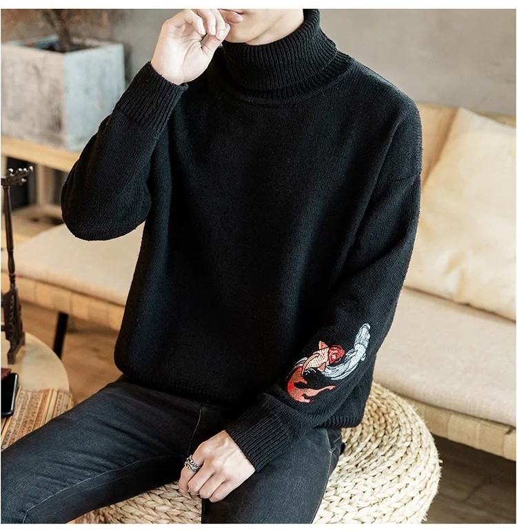 Zongke Carp Embroidery Turtleneck Men Sweater Turtle Neck Men Pullover Sweater Men Coat XXXL Autumn Winter Man Sweaters