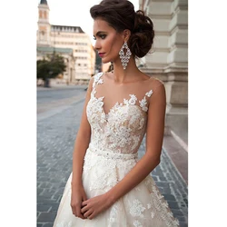Scoop Wedding Dresses Long Lace Applique Beading Sweep Train Bridal Gown Dress with Detachable Beading Sash Vestidos De Novia