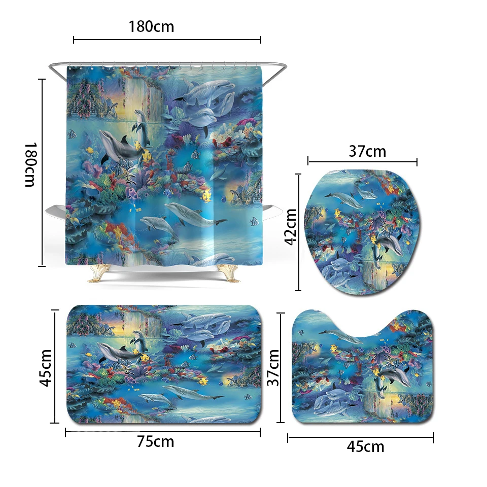 Sea World Printed Bath Mat Toilet Creativity Bathroom Rug Set Home Decor Bath Mat Shower Curtain Set Bathroom Floor Mat Bath Mat