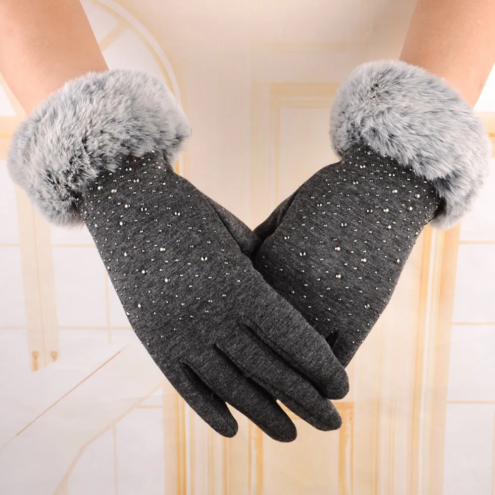 Элегантные женские перчатки для экрана, полный палец, искусственный мех, утолщенные зимние теплые варежки, женские кашемировые перчатки, теплые перчатки для рук, Guante Mujer, G027 - Цвет: Gray