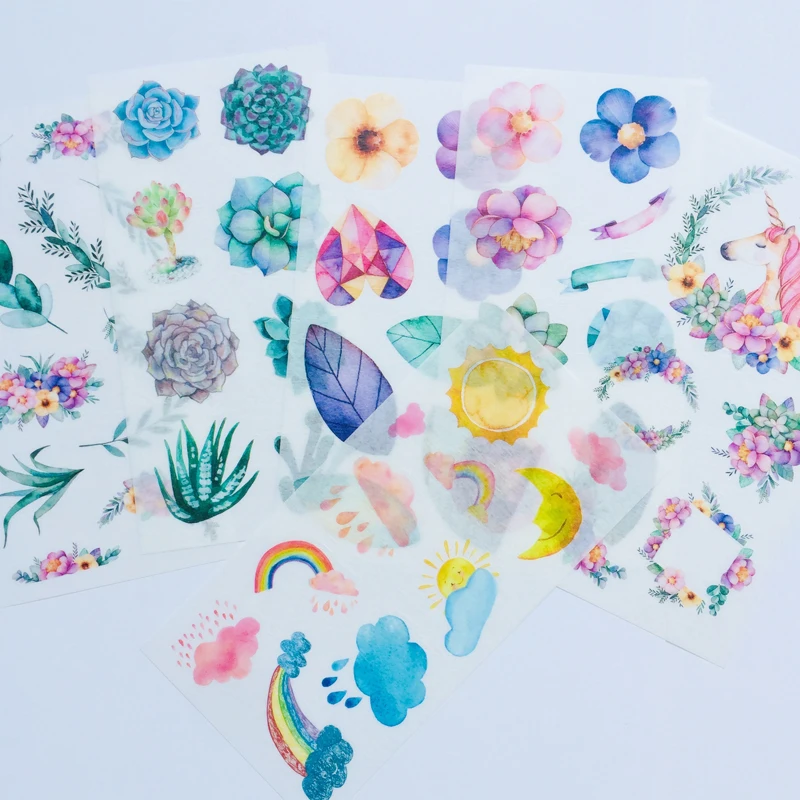 

6 Sheets /Pack Unicorn & Plants Flower Washi Paper Decorative Stickers