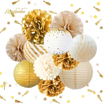

NICROLANDEE 12PCS Glitter Gold White Party Decorations Tissue Pom Poms Paper Lantern for Rustic Vintage Wedding Baby Shower