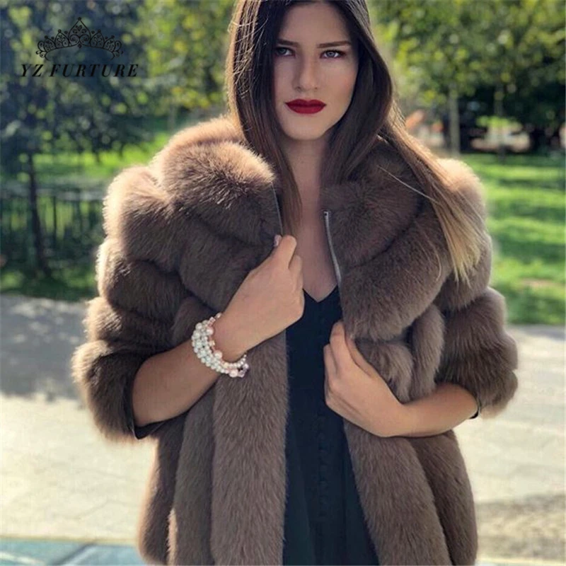 Модное темно-серое пальто, куртка из лисьего меха, короткое пальто из натурального меха для женщин, пальто из натурального Лисьего меха, зимняя теплая одежда с рукавами три четверти