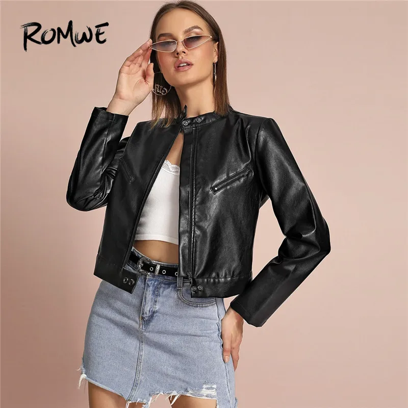 

ROMWE Buttoned Stand Collar Zip Up Black Leather Jacket Women Casual Biker Jacket Winter Clothes 2019 Outwear Streetwear Coat
