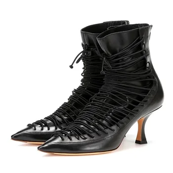 

brand designer microfiber+ genuine leather women ankle boots fashion sexy cross tied golden women's punk boots motocycle boots