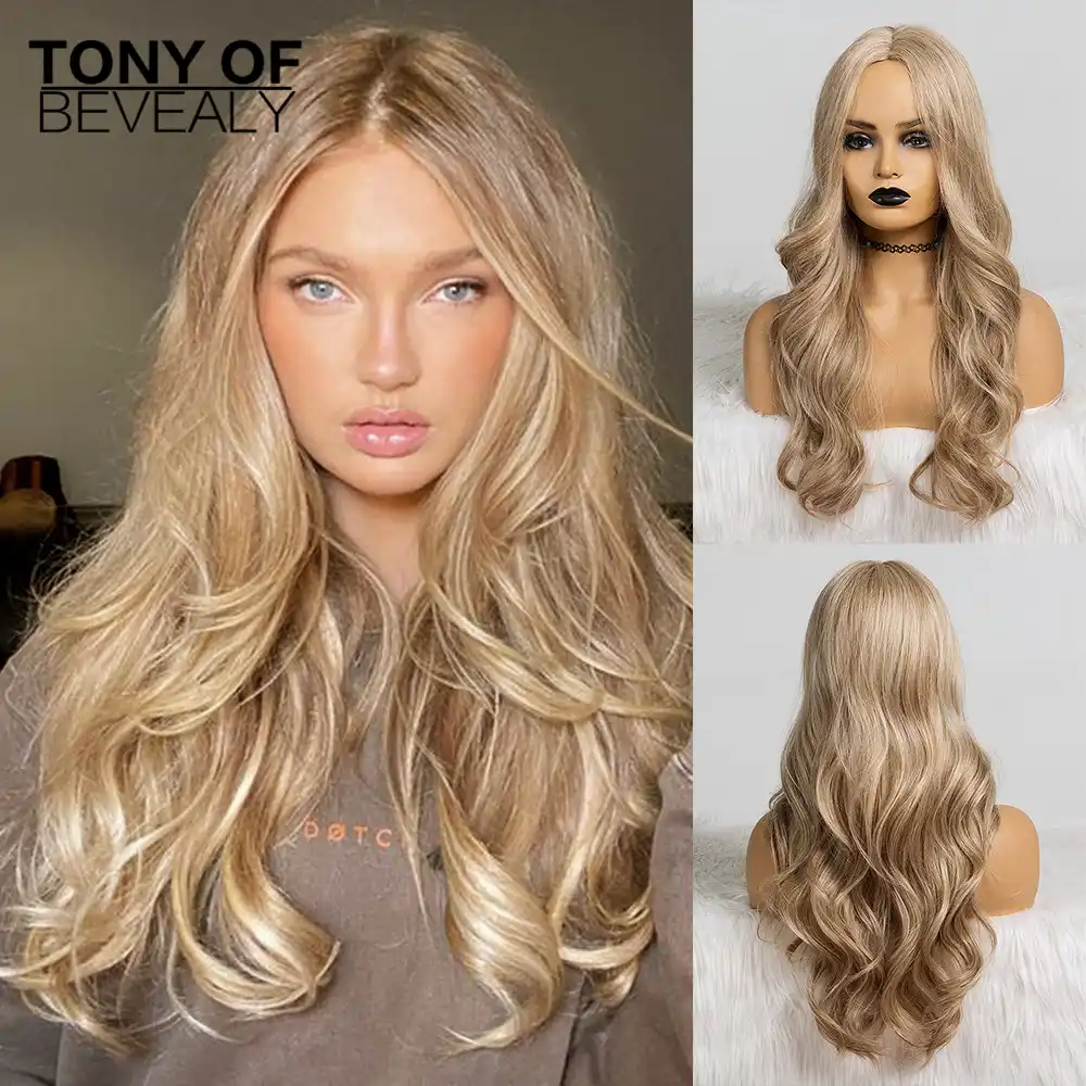 Sinteticheskie Pariki Srednyaya Chast Srednij Blond Naturalnye Volosy Pariki Dlya Zhenshin Kosplej Dlinnye Volny Pricheska Pariki Termostojkoe Volokno Aliexpress