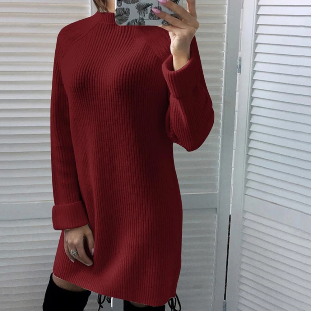 CALOFE, Осень-зима, Женский однотонный вязаный свитер, платья, повседневные свободные хлопковые пуловеры с круглым вырезом, модное женское платье, пуловер - Цвет: wine red