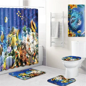 

T Hot Dolphin Bathroom Shower Curtain Set 5 Piece Bath Mat Set Anti Slip Carpet Bedroom Doormat 3D Toilet Mat Rug Set Blanket