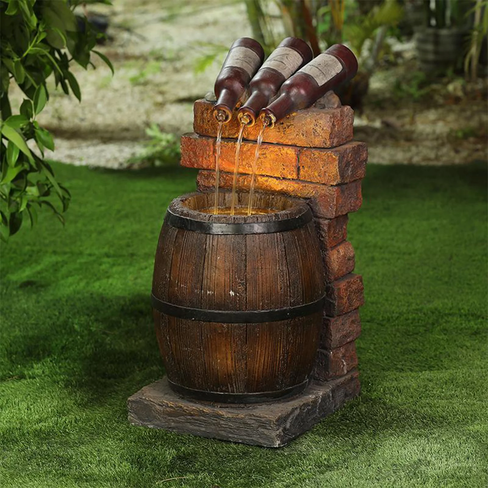 Resin Miniature Wine Bottle and Barrel,Garden Water Fountain Sculpture