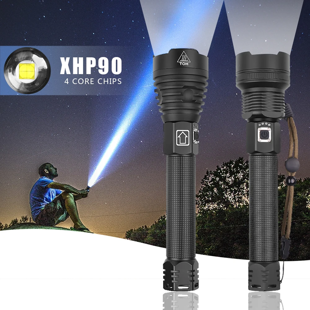 

7000 Lm Flashlight XHP90 most powerful light Zoom led torch Waterproof Use 26600 battery USB Charging Best for Camping Outdoors