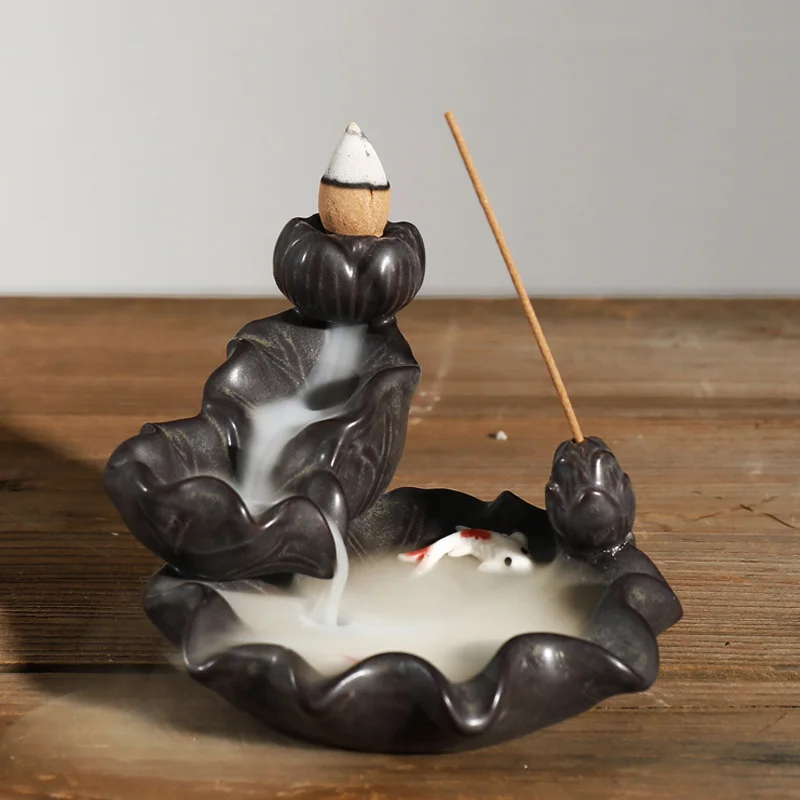 

Ceramic Backflow Incense Burner Holder Censer Lotus Waterfall & Fish Home Decor Collection Vintage Crafts