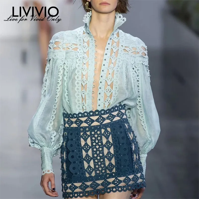 [LIVIVIO] Сексуальная кружевная женская блузка с бусинами, стоячим воротником, фонариком, длинным рукавом, женская модная одежда, уличная одежда