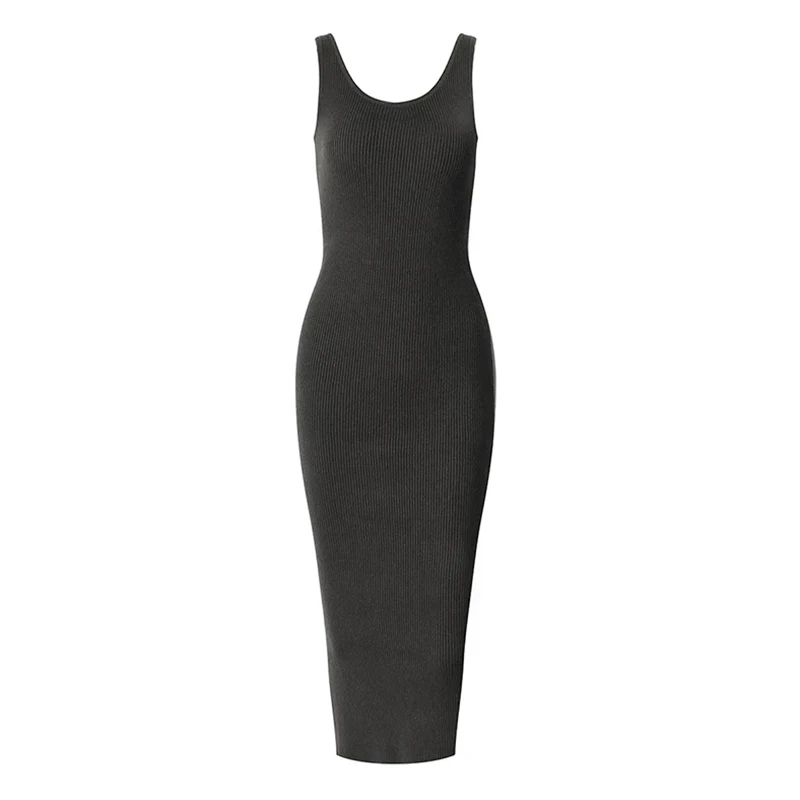 ECRURANI Casual Two Piece Set For Women Long Sleeve Tops Round Neck Sleeveless Slim Side Split Dress 2021 Females Dresses Suits