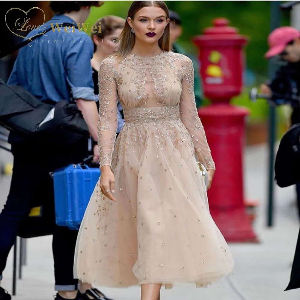 Elegant O-Neck Prom Dresses Long Sleeve Tea Length Backless Lace Applique Sequin Ivory Evening Gowns Robes De Soirée satin prom dress