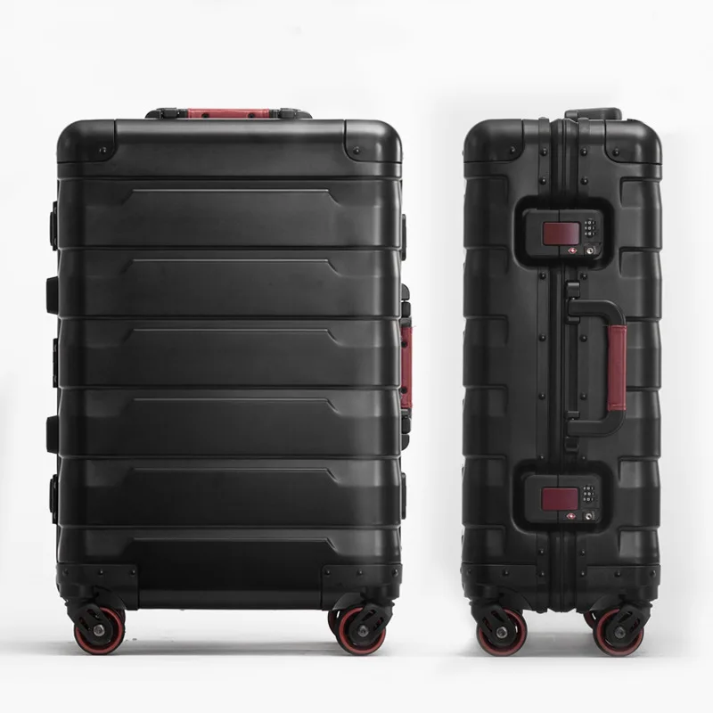 Алюминиевый Чемодан на колесиках 20''24'' mala de viagem, дорожная сумка на колесиках, чемодан в клетку, сумка для багажа, maleta de viaje koffer walizka - Цвет: Black