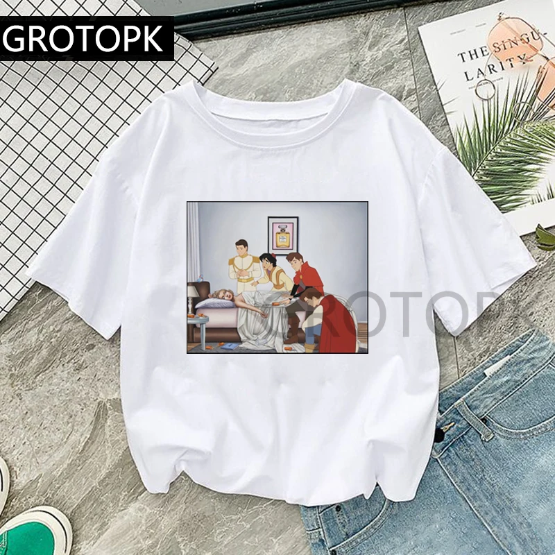 

GROTOPK Funny Princes&Marilyn Monroe T Shirt Cotton O-Neck Sleeping Beauty Print Casual Short Sleeve Harajuku Women's T-Shirt