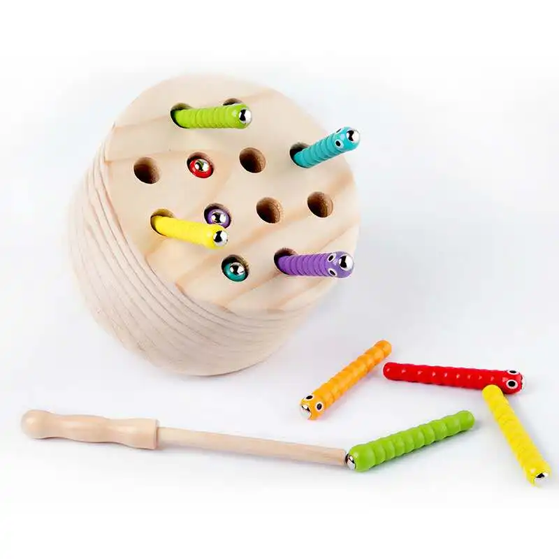 Hot Sale Baby Wooden Toys 3D Puzzle Early Childhood Educational Toys Catch Worm Game Color Cognitive Magnetic Strawberry Apple 19