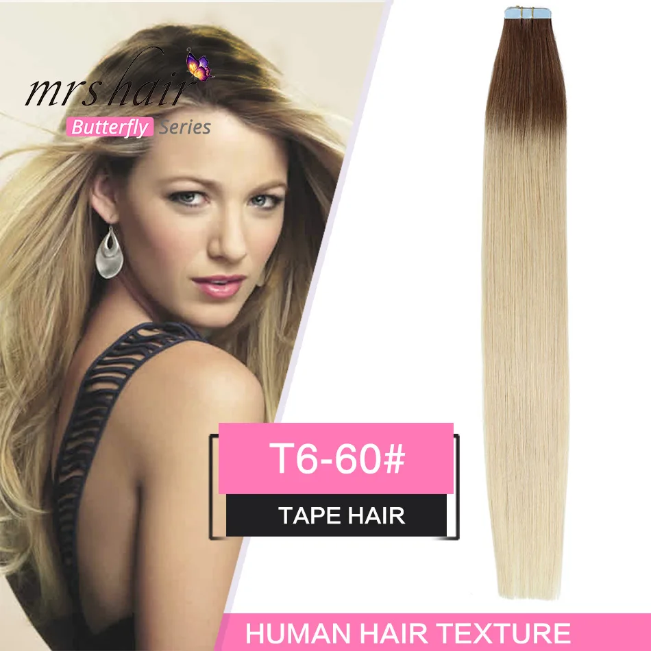 MRSHAIR 20 дюйм(ов) ленты в расширениях Ombre 20 штук non-реми выметания человеческие волосы прямые Ombre кожи утка волос - Цвет: TW-T6-60