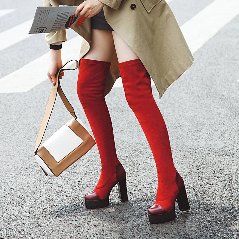 WETKISS Platform High Heels Boots Women Thigh High Boot Female Stitching Shoes Lady Round Toe Stretch Shoes Winter Plus Size 48