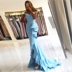 Simple Off-The-Shoulder Sky Blue Embroidery for Guest Ruffle Bodice Court Train 2022 Sleeveless Jersey Dress Vestido De Noiva