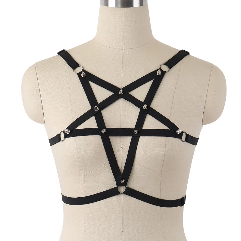 Pentagram Body Harness Bra Pastel Goth Sexy Lingerie Rivet Woman Open Chest Bondage Cage Bra Star Body Belt