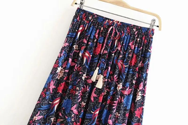 Vintage chic women Hippie birds floral print beach Bohemian pleated skirt High Elastic Waist Maxi A-Line Boho Skirt Femme