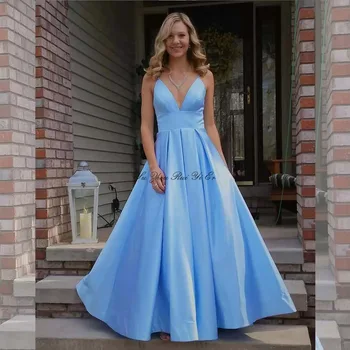 

Sexy V-neck Prom Dresses Spaghetti Straps Dress Prom Corset Back A-line Satin Long Formal Dress For Party Vestido De Festa