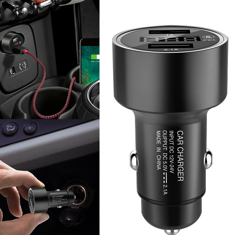 Voltmeter Dual USB Portable 12-24V Overcharge Protection Fast Black Digital Display Aluminum Alloy GPS Tracker Car Charger