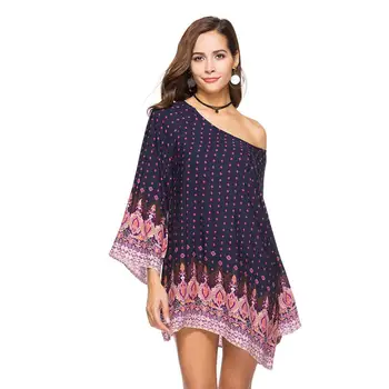 

Yfashion Women Clothes Fashion Large Size Dresses Ladies Loose Sleeves Retro Style Floral Dress Fashion Off Shoulder Dress