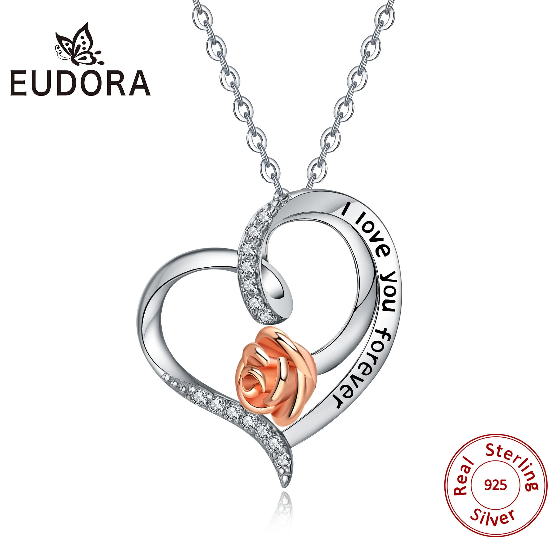 Eudora 925 пробы серебряная подвеска в виде цветка, уникальное Золотое Розовое Ожерелье I Love You Forever style, романтическое ювелирное изделие для женщин CYD500