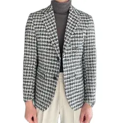 Trendy Thousand Bird Lattice Suit Jacket Notched Lapel Single Breasted For Business Man Daily Casual Slim Fit Formal Wear