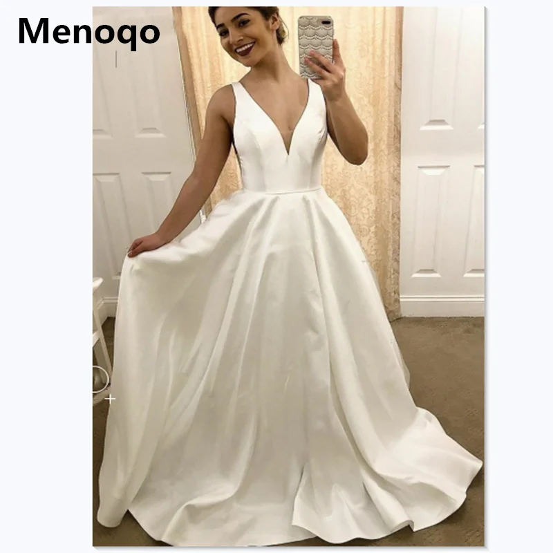 Menoqo, сексуальное вечернее платье, Белое Атласное Платье на молнии, без рукавов, v-образный вырез, а-силуэт, длина до пола, платье для выпускного вечера, на заказ