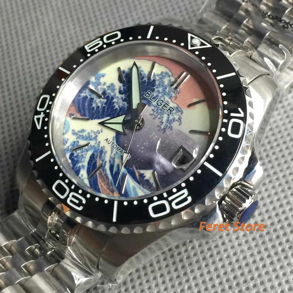 

Bliger NH35 movement auto winding men watch sapphire glass Color painting dial ceramic bezel Stainless steel strap 40mm watch
