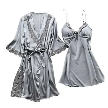

2pcs/set Lightweight Long Sexy Night Wedding Waist Tie Elegant Lace Soft Silky Bridal Women Robe Solid Half Sleeve Loose Bath