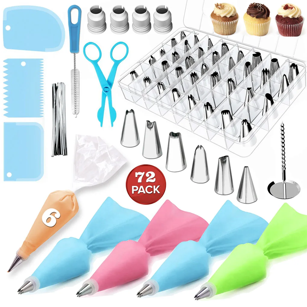 72pcs 32/72/106/112pcs Торт для украшения торта комплект Нержавеющая сталь выпечки кондитерских насадок многоразовый Кондитерский Мешок кондитерский мешок муфты комплект - Цвет: 72pcs