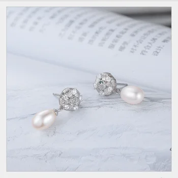 

925 Sterling Silver Fashion Elegant Stone Flower Women Drop Earrings Natural Freshwater Pearl Girls Earrings Christmas Jewelry