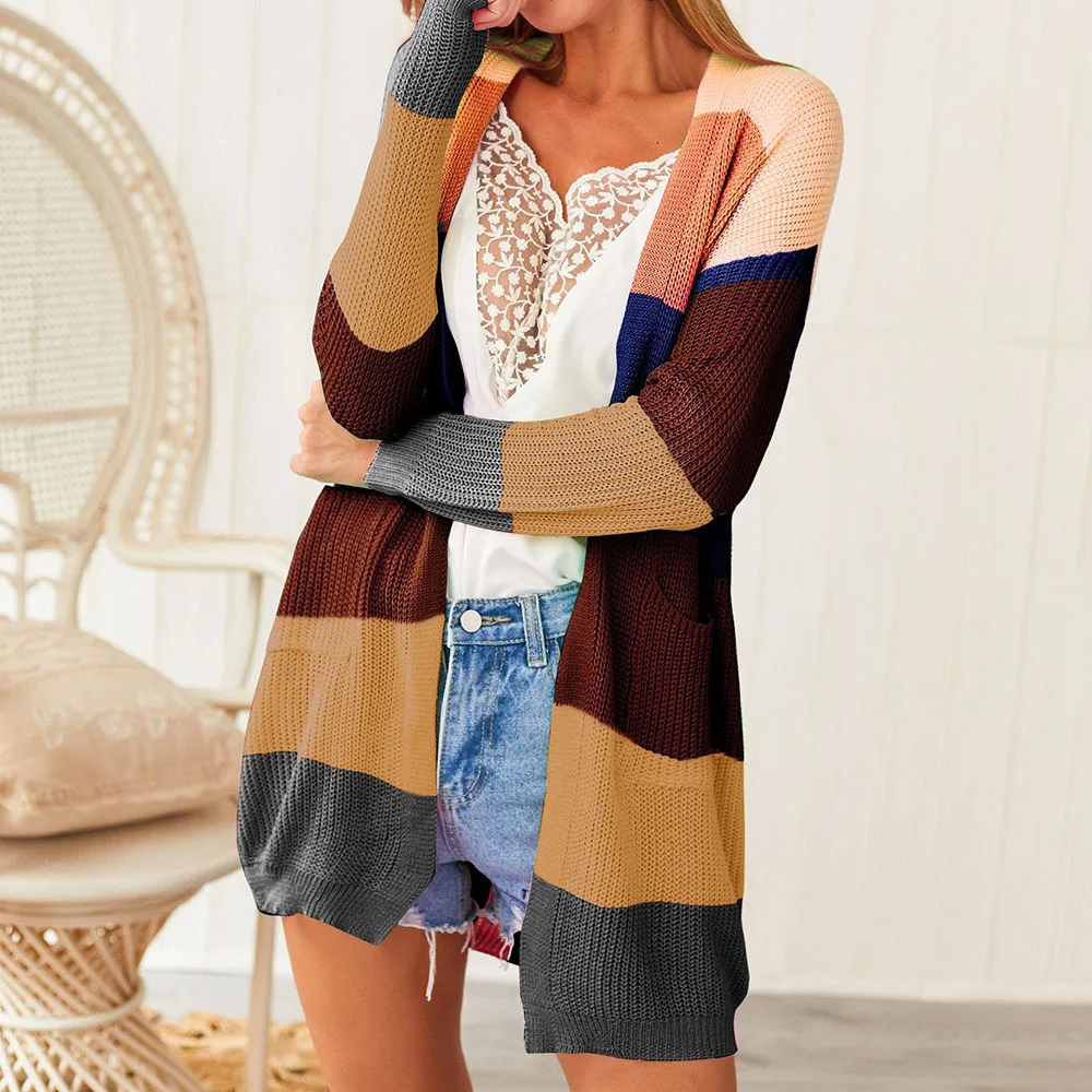 

Sweater Women Rainbow Patchwork Women Casual Loose Long Modal Cotton Sweater Cardigan Soft Comfortable Strong Simple Cardigan