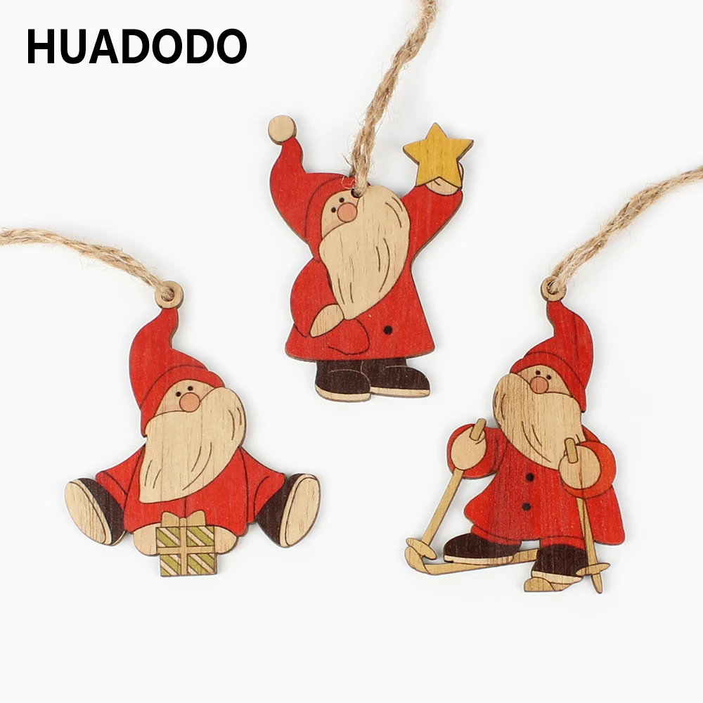 HUADODO 3Pcs Santa Claus Christmas Pendants Ornaments Wooden Craft for Christmas Tree Hanging Party decoration Kids toys