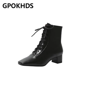 

GPOKHDS 2021 women ankle boots Cow leather zipper winter short plush square toe high heels female boots size 39
